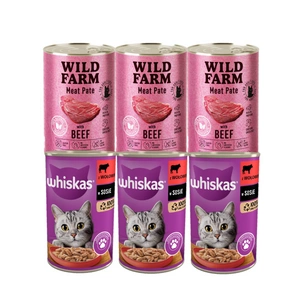 WHISKAS Adult 3x400g - vlhké krmivo s hovězím masem v omáčce + WILD FARM Pate Beef 3x400g - bezlepkové krmivo pro kočky