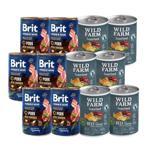Brit Premium by Nature Vepřové maso s průdušnicí 6x400g + Wild Farm Superfood Hovězí maso 6x400g