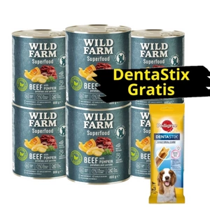 WILD FARM Superfood Beef (Hovězí s dýní, bramborami a petrželí) 6x800g krmivo pro psy bez obilovin + DentaStix GRATIS