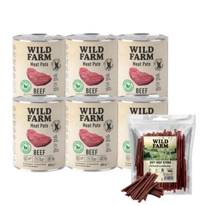 WILD FARM Pate Beef 6x800g bezlepkové krmivo pro psy + hovězí tyčinky 500g