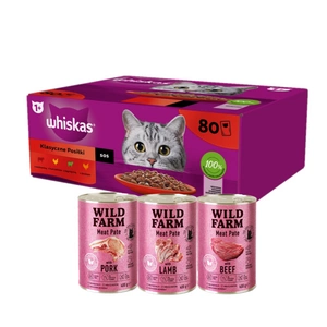 WHISKAS Adult 80 x 85 g Classic Meals - kapsičky pro kočky v omáčce (kousky s: hovězím, kuřecím, jehněčím, drůbežím) + WILD FARM Pate 3x400g