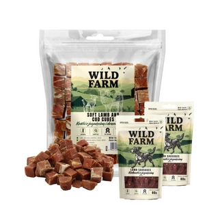 WILD FARM kostky jehněčí a treska měkké 500g pamlsky pro psy + WILD FARM jehněčí klobásky 2x80g