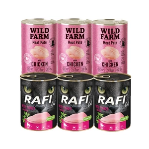 RAFI Cat Adult s krůtím masem 3x400g + WILD FARM Pate Chicken 3x400g – bezlepkové krmivo pro kočky