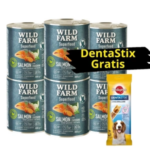 WILD FARM Superfood Salmon (losos s cuketou, sladkými bramborami a bylinkami) 6x800g krmivo pro psy bez obilovin + DentaStix GRATIS
