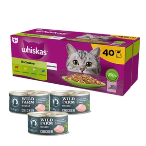 Whiskas výběrové menu v želé 40 x 85 g + WILD FARM Mousse Chicken 3x85g - pěna pro kočky bez obilovin
