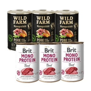 BRIT MONO PROTEIN BEEF 3x400g + Wild Farm Monoprotein Pork 3x400g