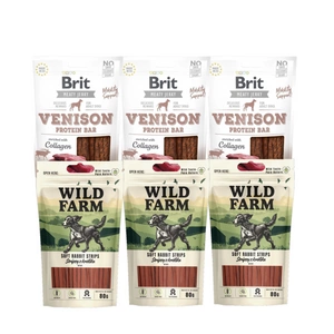BRIT Jerky Snack Venison + WILD FARM králičí proužky 6x80g