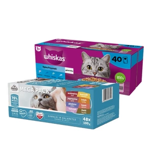 WHISKAS Adult sáčky 40 x 85 g Fishy Treats - vlhké krmivo pro dospělé kočky v želé (kousky s: lososem, tuňákem, treskou, bílou rybou) + Frendi sáčky pro kočky s masovou a rybí příchutí v želé 48x100g