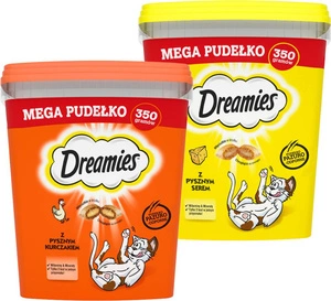 DREAMIES Mega Box 2x350g – doplňkové krmivo pro dospělé kočky s lahodným kuřecím masem / s lahodným sýrem