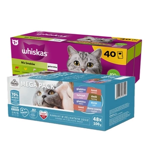 Whiskas výběrové menu v želé 40 x 85 g + Frendi sáčky pro kočky s rybími příchutěmi v omáčce 48x100g
