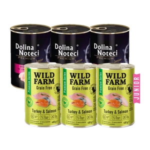 Dolina Noteci Premium Junior pro kočky s vysokým obsahem krůtího masa 3x400g + WILD FARM Premium Grain Free Turkey and Salmon 3x400g