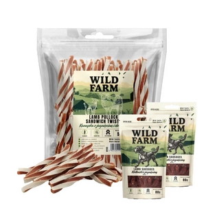WILD FARM Sendvič s jehněčím a treskou 500g pamlsky pro psy + WILD FARM kiełbaski z jagnięciny 2x80g