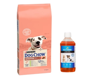PURINA Dog Chow Adult Sensitive Salmon 14kg + LAB V Lososový olej pro psy a kočky 500ml