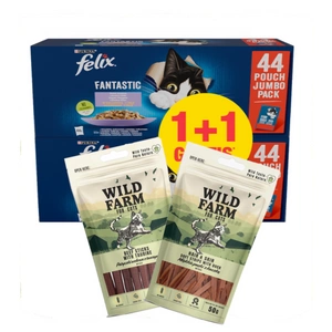 WILD FARM pamlsek pro kočky 2x50g + Felix v želé MIX MASOsáček 44x85g 1 +1 ZDARMA