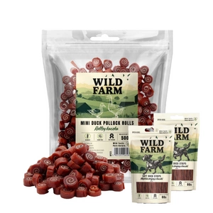 WILD FARM kachní roláda 500g pamlsky pro psy + WILD FARM Měkké kachní proužky 2x80g