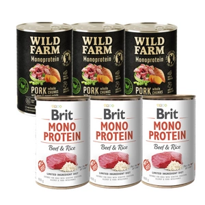 BRIT MONO PROTEIN BEEF & BROWN RICE 3x400g + Wild Farm Monoprotein Pork 3x400g