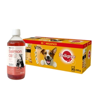 PEDIGREE Adult kapsičky 40x100g Mix příchutí - mokré krmivo pro psy ve ŠŤÁVĚ (s hovězím masem, kuřecím masem, jehněčím masem, s drůbeží) + LAB V Lososový olej 500ml
