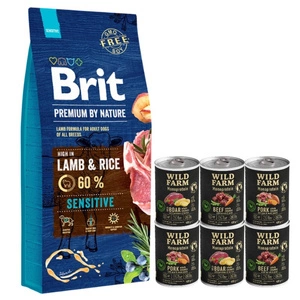 BRIT Premium By Nature Sensitive Lamb 15kg & WILD FARM Monoprotein Mix chutí 6x400g hypoalergenní krmivo pro psy