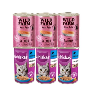 WHISKAS Adult 3x400g - vlhké krmivo s tuňákem v želé + WILD FARM Pate Salmon 3x400g - bezlepkové krmivo pro kočky