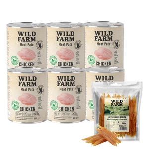 WILD FARM Pate Chicken 6x800g bezlepkové krmivo pro psy + měkké kuřecí proužky 500g