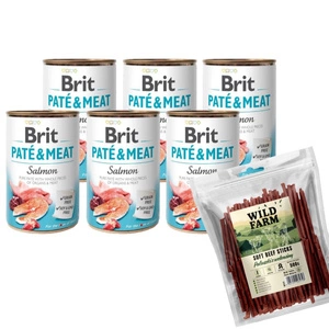 BRIT PATE & MEAT SALMON 6x400g & WILD FARM hovězí tyčinky 500g pamlsky pro psy