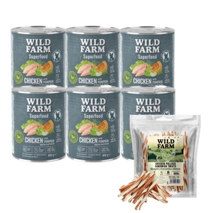 WILD FARM Superfood Chicken (kuře s dýní, jablkem a bylinkami) 6x800g krmivo pro psy bez obilovin + Sendvič s kuřecím masem a treskou 500g