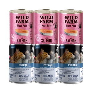 PetRepublic kousky v omáčce se pstruhem 3x400g + WILD FARM Paštika z lososa 3x400g - bezlepkové krmivo pro kočky