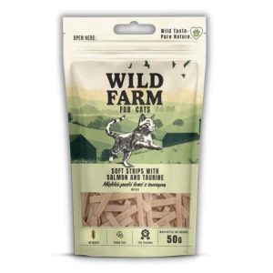 WILD FARM měkké proužky z lososa s taurinem 50g pamlsek pro kočky