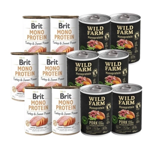 Brit Mono Protein Turkey &amp; Sweet Potato 6x400 g + Wild Farm Monoprotein Pork 6x400g