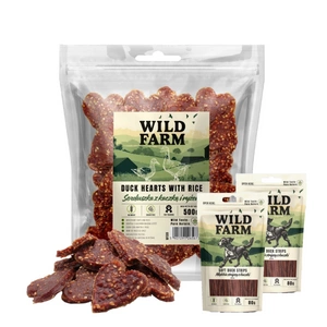 WILD FARM Srdíčka s kachnou a rýží 500g pamlsky pro psy + WILD FARM Měkké kachní proužky 2x80g