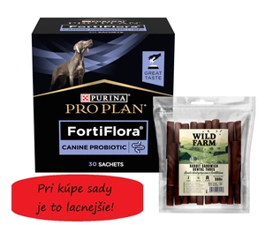 PURINA PVD FortiFlora Dog 30 x 1g + WILD FARM Rabbit dentální tuby 500g pamlsky pro psy