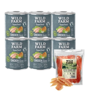 WILD FARM Superfood Chicken (kuře s dýní, jablkem a bylinkami) 6x800g krmivo pro psy bez obilovin + Měkká kuřecí prsa 500g