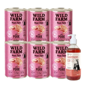 WILD FARM Pate Pork 6x400g - bezlepkové krmivo pro kočky + LAB V Lososový olej 500 ml