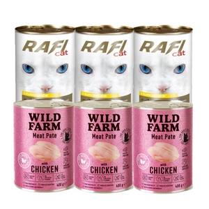RAFI Cat Kousky s drůbežím masem v omáčce 3x415g + WILD FARM Paštika s kuřecím masem 3x400g