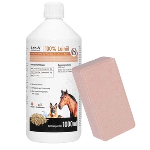 LAB-V Lněný olej Leinöl pro koně, psy a kočky 1000ml & Kerbl Lízátko pro koně Delizia v kamenné soli, krabice po 4 ks. x 2 kg
