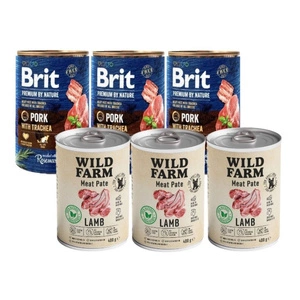 Brit Premium by Nature Pork with Trachea 3x400g & WILD FARM Pate Lamb 3x400g bezlepkové krmivo pro psy
