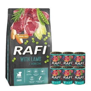 DOLINA NOTECI Rafi Junior suché krmivo pro psy s jehněčím masem 10kg + DOLINA NOTECI Rafi junior s jehněčím masem, brusinkami a borůvkami – plechovka 6 x 400 g