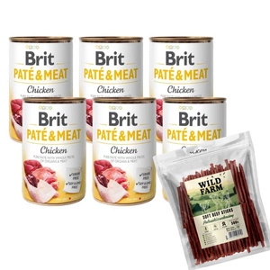 BRIT PATE & MEAT CHICKEN 6x400g & WILD FARM hovězí tyčinky 500g pamlsky pro psy