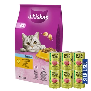 Whiskas Adult Sterile kuře 14 kg + WILD FARM Premium Grain Free Turkey and Teleal 6x400g