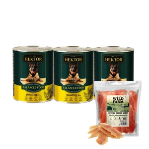 Hektor 3x1240g Drůbež + WILD FARM Měkká kuřecí prsa 500g pamlsky pro psy