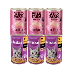 WHISKAS Adult 3x400g - vlhké krmivo s kuřecím masem v omáčce + WILD FARM Pate Chicken 3x400g - bezlepkové krmivo pro kočky