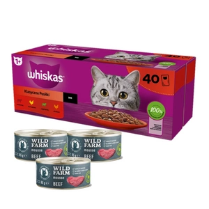 Whiskas Klasické pokrmy kuře hovězí jehně drůbež ve šťávě 40 x 85g + WILD FARM Mousse Beef 3x85g - pěna pro kočky bez obilovin