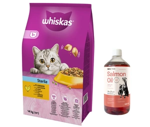 Whiskas Adult Sterile kuře 14 kg + LAB V Lososový olej pro kočky 1000ml