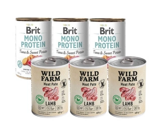 BRIT MONO PROTEIN TUNA & SWEET POTATO 3x400g & WILD FARM Pate Lamb 3x400g bezlepkové krmivo pro psy