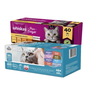 WHISKAS Adult sáčky 40 x 85 g Drůbeží hranolky - vlhké krmivo pro dospělé kočky, v želé (kousky s: kuřecím, krůtím, drůbežím, kachním) + Frendi sáčky pro kočky s rybími příchutěmi v omáčce 48x100g