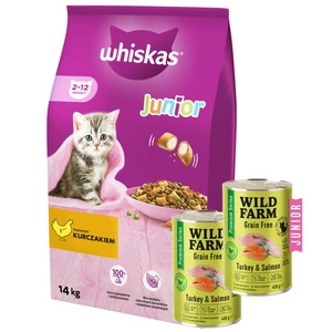 WHISKAS Junior kuře 14kg + WILD FARM Premium Grain Free Turkey and Salmon Junior 2x400g