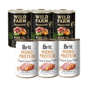 BRIT MONO PROTEIN TURKEY & SWEET POTATO 3x400g + Wild Farm Monoprotein Pork 3x400g