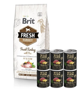 Brit Fresh Turkey & Pea Adult Fit & Slim 12kg + Wild Farm Monoprotein Wild Boar 6x400 g