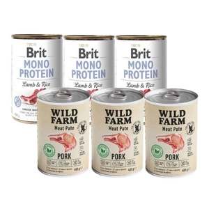 BRIT MONO PROTEIN LAMB & BROWN RICE 3x400g & WILD FARM Pate Pork 3x400g bezlepkové krmivo pro psy