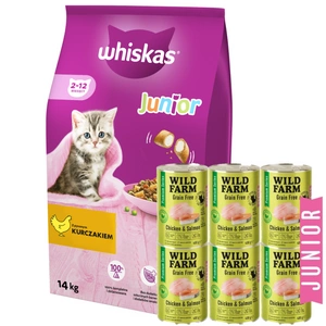 WHISKAS Junior kuře 14kg + WILD FARM Premium Grain Free Chicken and Salmon Junior 6x400g